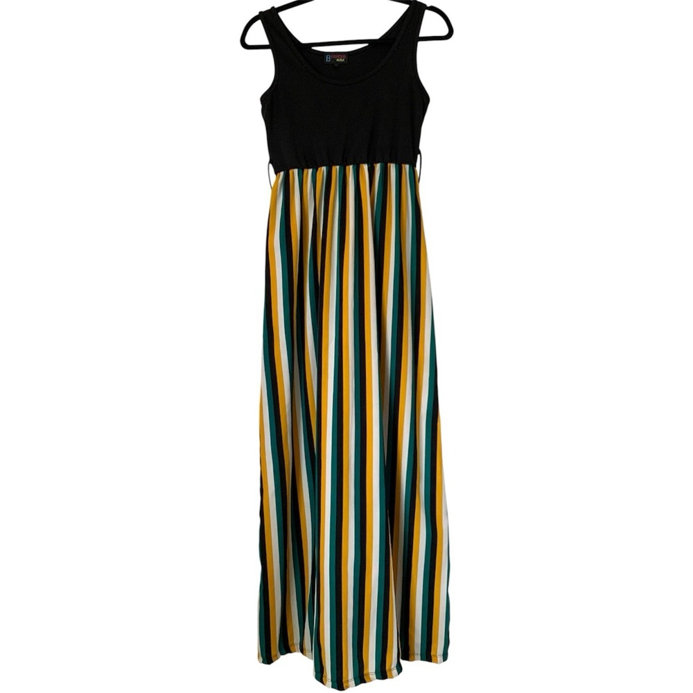 B Famous Maxi Dress Women S Black Green‎ Yellow Stripe Stretch Flowy Vacation